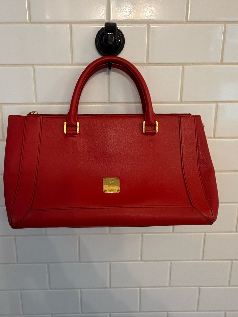 MCM Red Structured Leather Satchel Handbag - Unbranded